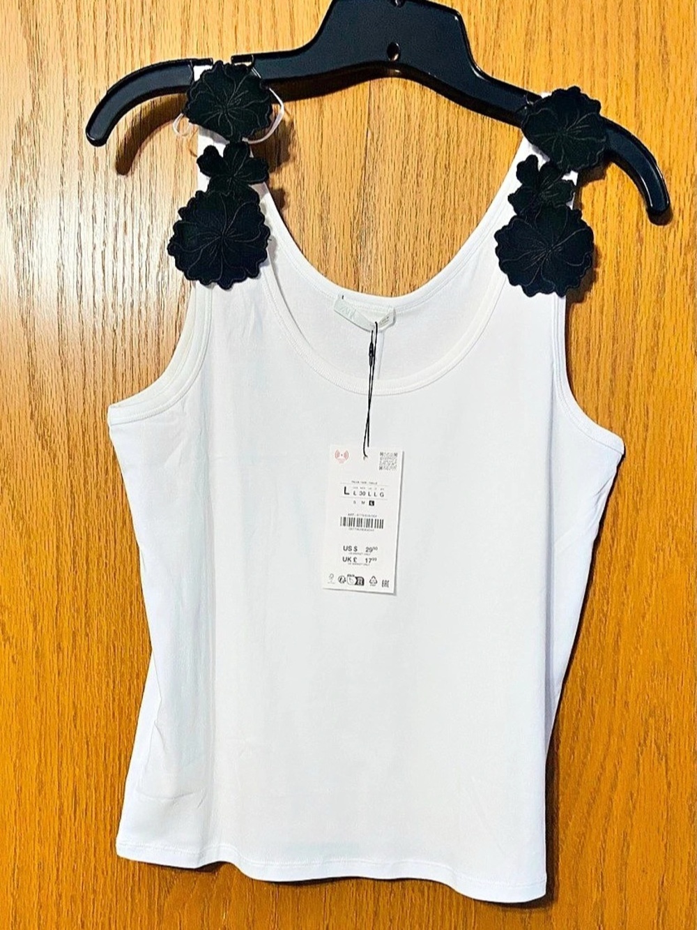 Zara Floral Strap Top Tank White & Black Large